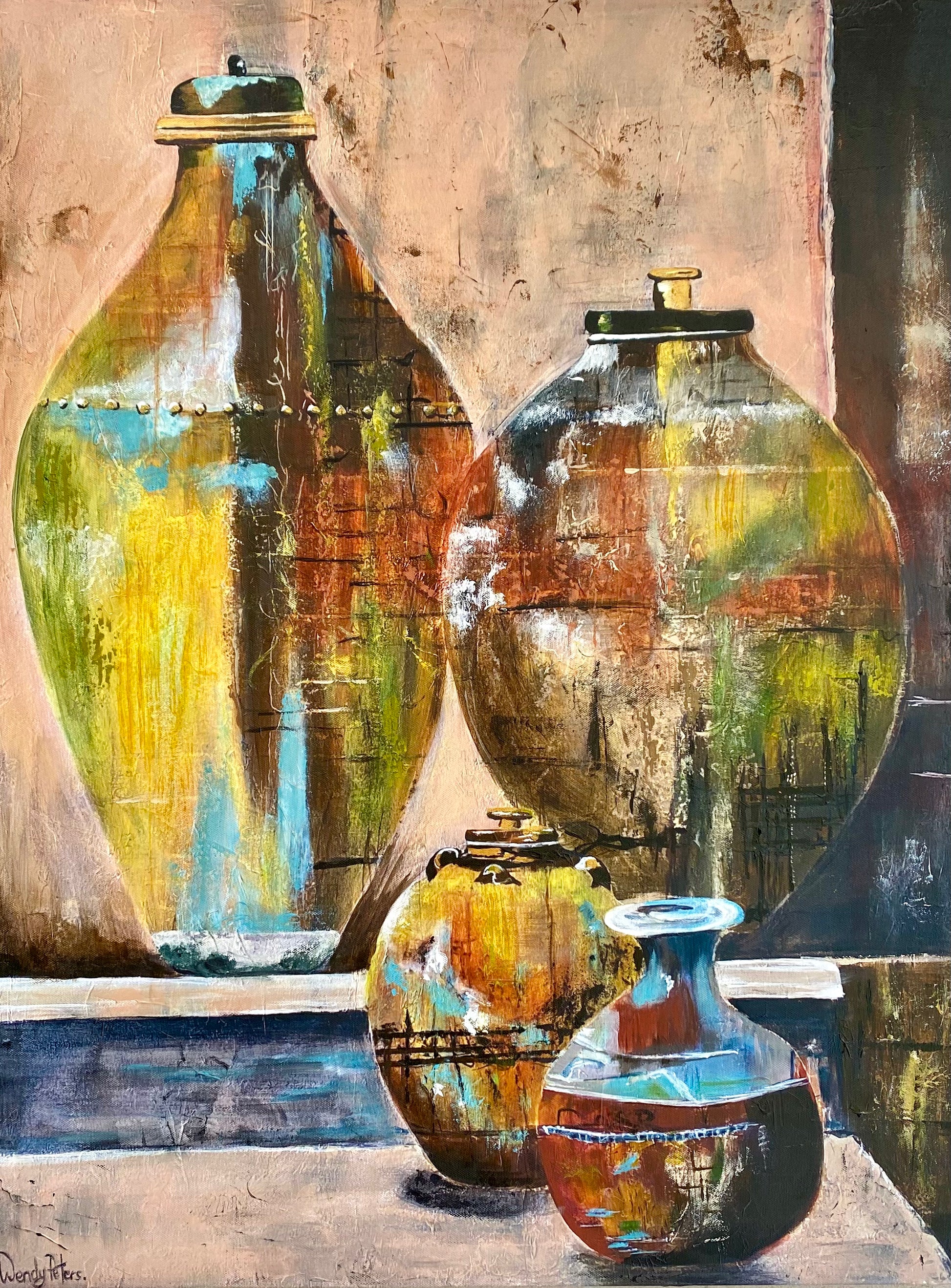 Abstract painting of aged vessels in golds greens and browns  with a textured background with a mediterranean feel by wendy peters