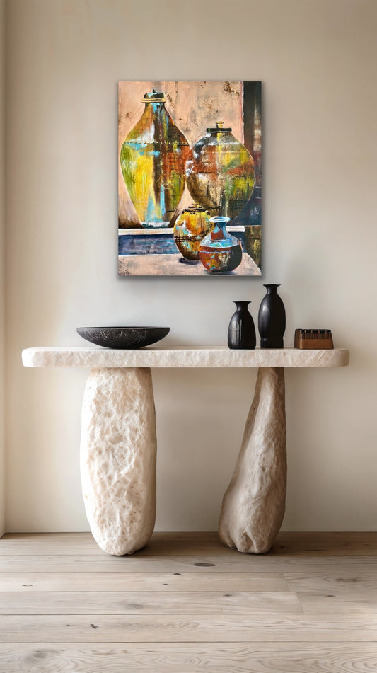 Mixed media textured painting of 4 ancient vessels in front of old pink plaster wall by Wendy Peters