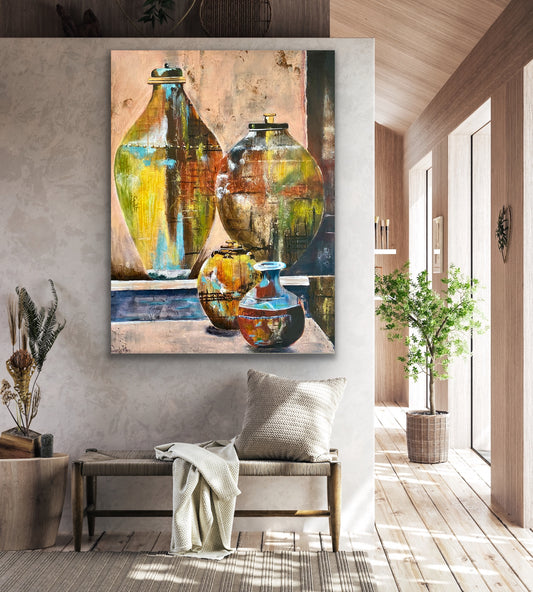 Mixed media textured painting of 4 ancient vessels in front of old pink plaster wall by Wendy Peters