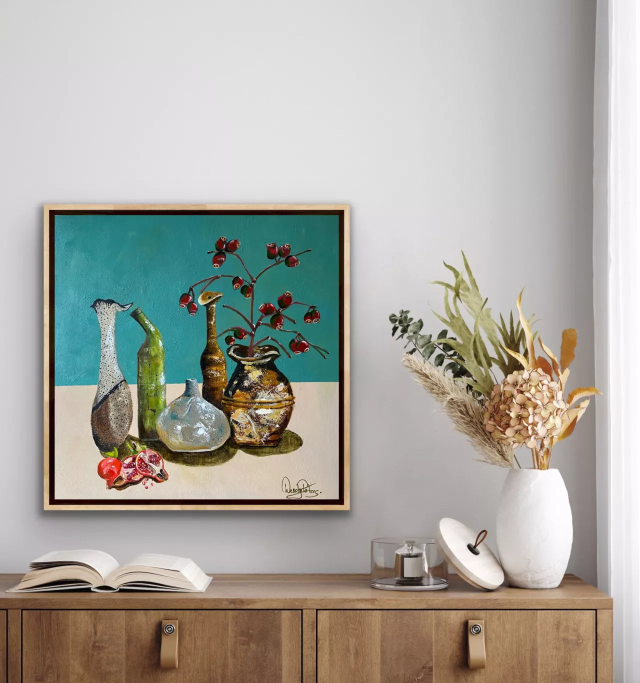 Mixed Media textured painting of 5 old bottles and pots with pomegranates in front and gum nuts in one vase on a teal background by Wendy Peters
