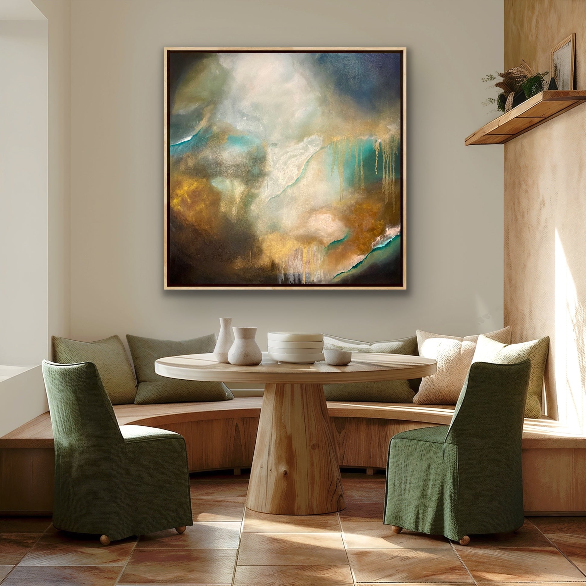 Stunning original abstract painting of a cloudy sky in shades of sienna, gold, deep blue, white with hints of turquoise by Wendy Peters