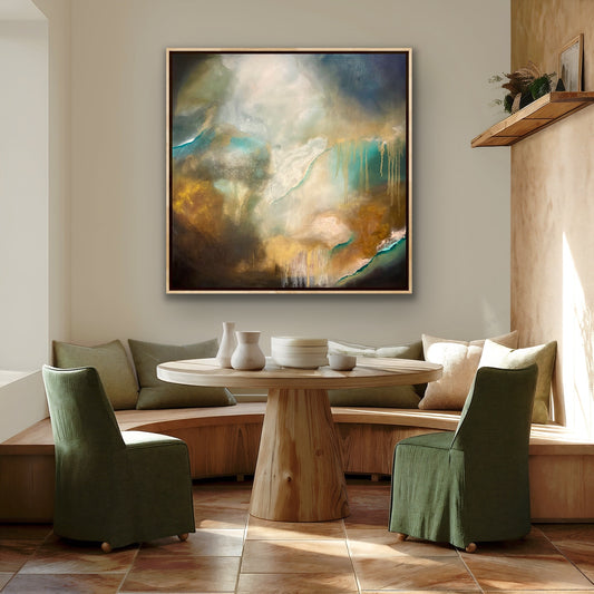 Stunning original abstract painting of a cloudy sky in shades of sienna, gold, deep blue, white with hints of turquoise by Wendy Peters