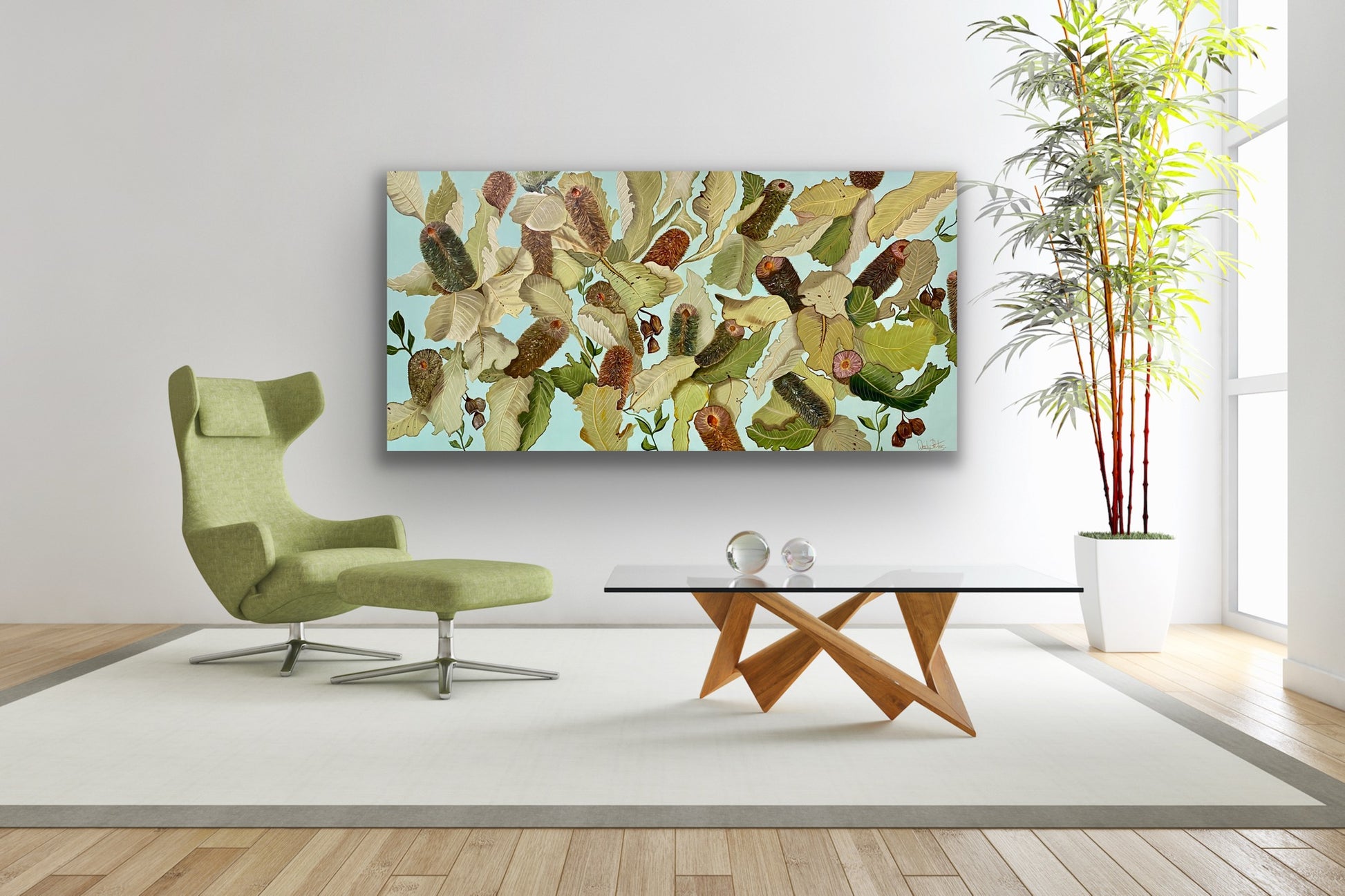 A dramatic large original oil painting of banksia robur with curling dried leaves in light sage green on a light turquoise background