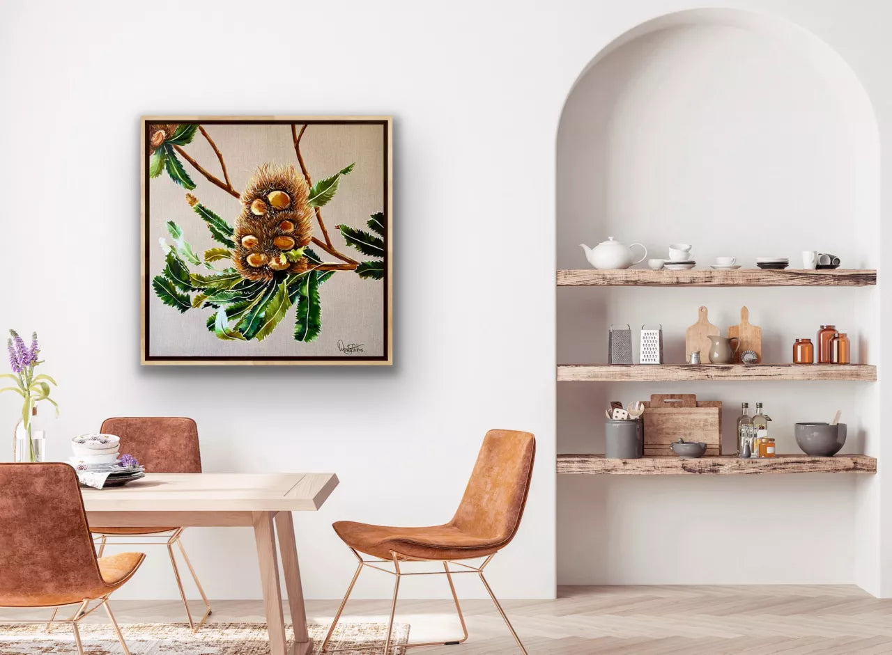 Original oil painting of a banksia serrata with curling green leaves on a natural linen background by Wendy Peters