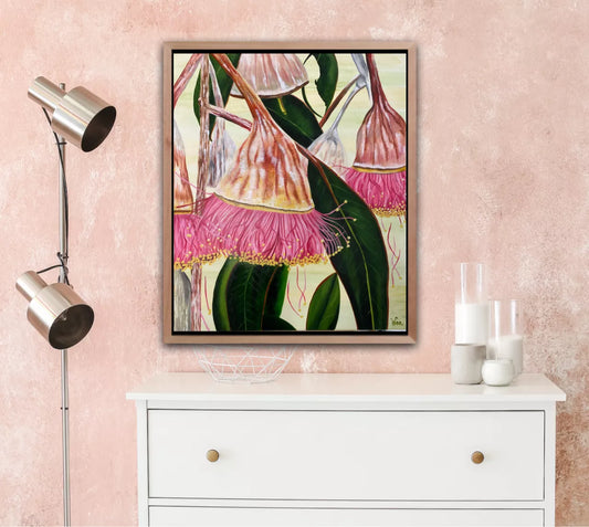 Original oil painting of gum nut flowers with rich green leaves on a pale green background by Wendy Peters