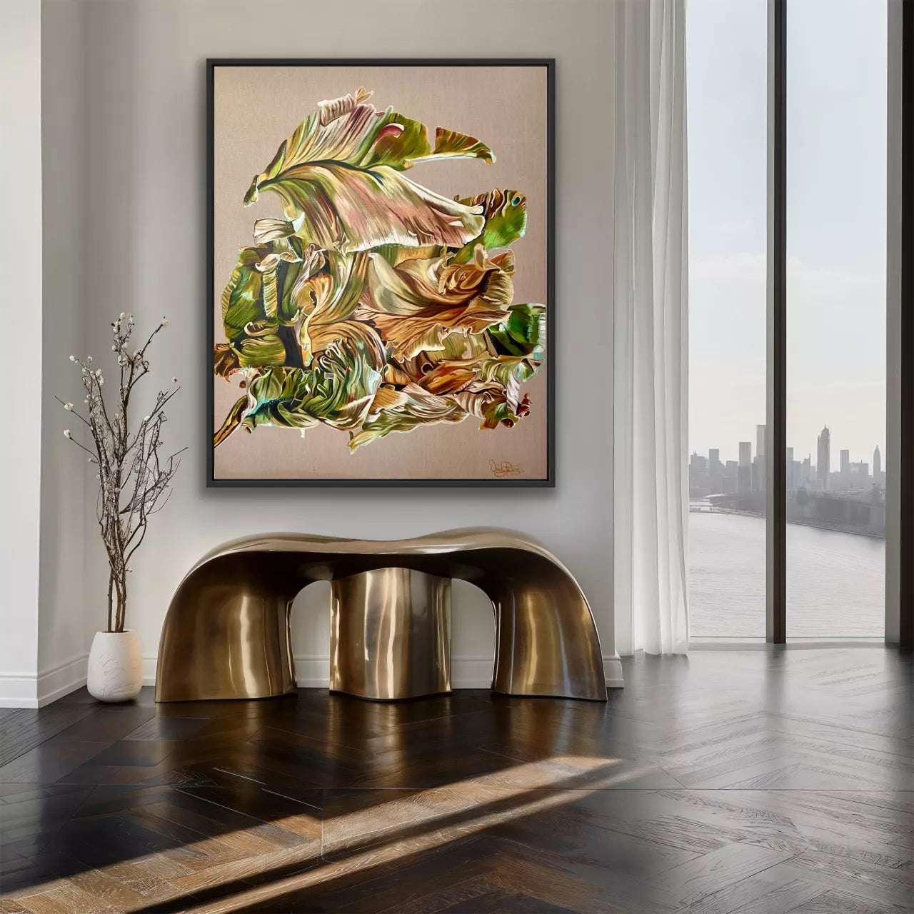 A dramatic original oil painting of curling tulip petals close up with incredible details in greens, golds, sienna, on a neutral linen background by Wendy Peters