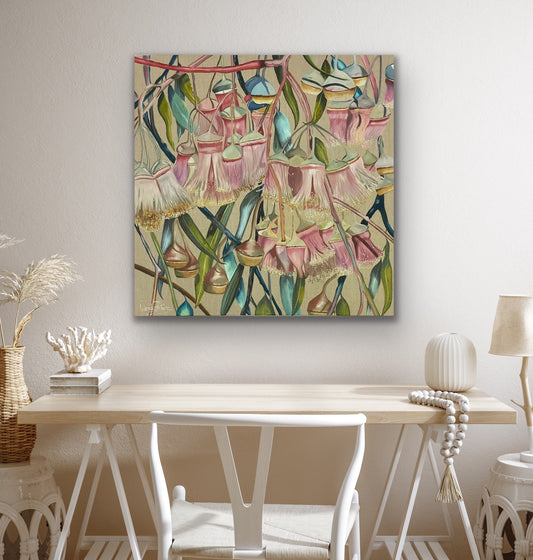 Original oil painting of gum nuts flowers and gum nuts on branches  in pale pink and white with leaves in green and turquoise by Wendy Peters