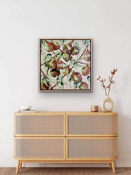 original oil painting of gum nuts on branches in shades of red ochre and green with sage green leaves and turquoise highlights on natural linen by Wendy Peters