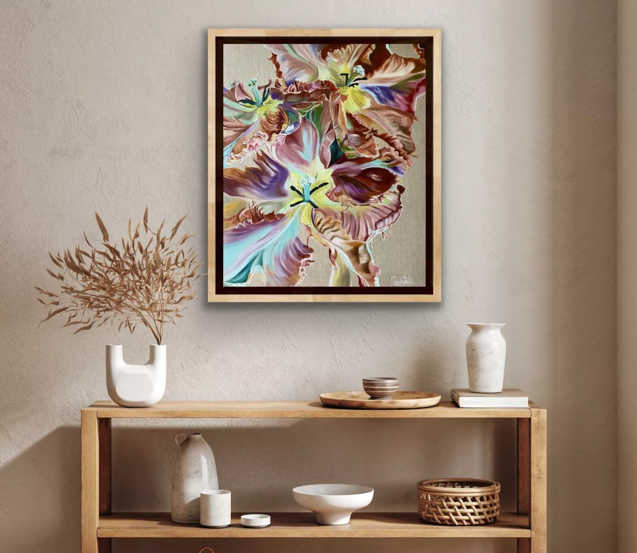 Abstract oil painting of open tulips on a natural linen background in shades of purple, red ochre, pink, browns by Wendy Peters