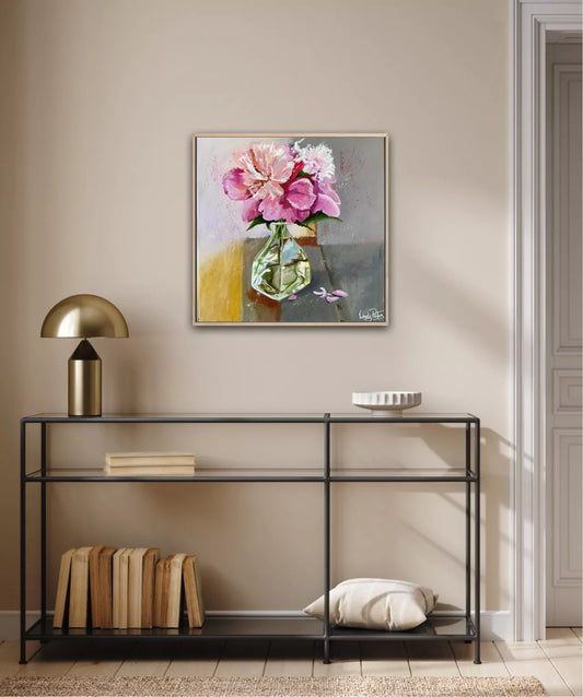 original oil painting of a pretty pink posy in a simple glass vase on an old wooden table by Wendy Peters