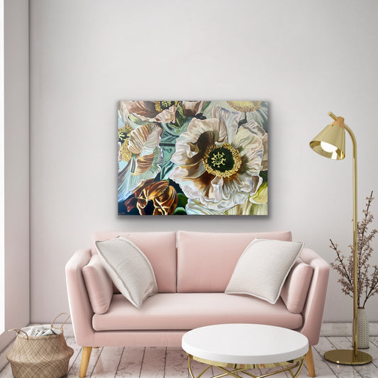 Dramatic Original oil painting of poppies in light, pinks, ochres, with pale green leaves by Wendy Peters