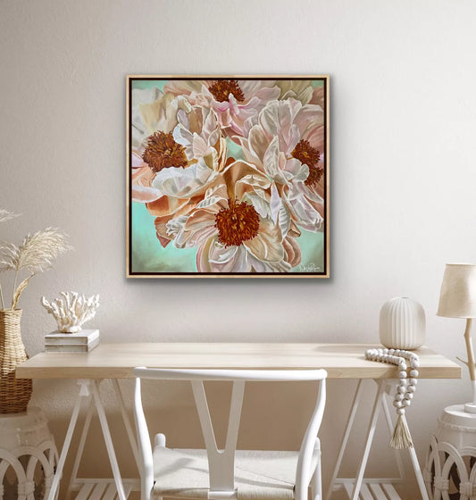 Original oil painting of four open pink peonies with added highlights of pale blue and sienna on a muted background of light turquoise by Wendy Peters