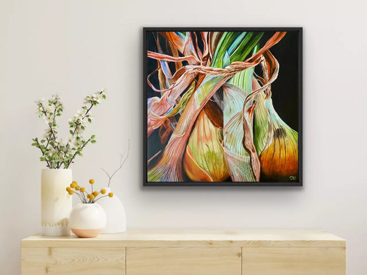 An original oil painting by Wendy Peters of spring onions wrapped in twine in dramatic shades of turquoise, green, orange, sienna, pink, showing incredible fine details. By Wendy Peters