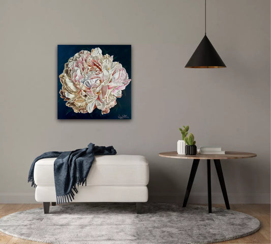 Original oil painting of a single peony in pale pink and white on a dark background by Wendy Peters