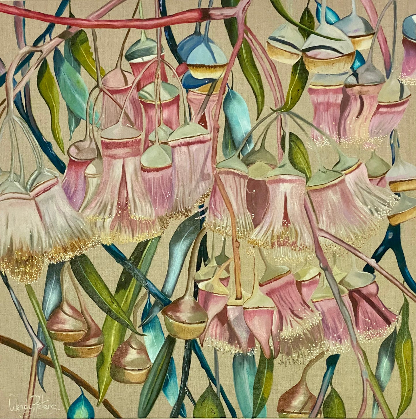Gum Nut Fantasy by Wendy Peters A contemporary detailed floral oil painting depicting gum blossoms and nuts with a blend of green, pink, and brown colours on a linen canvas.
