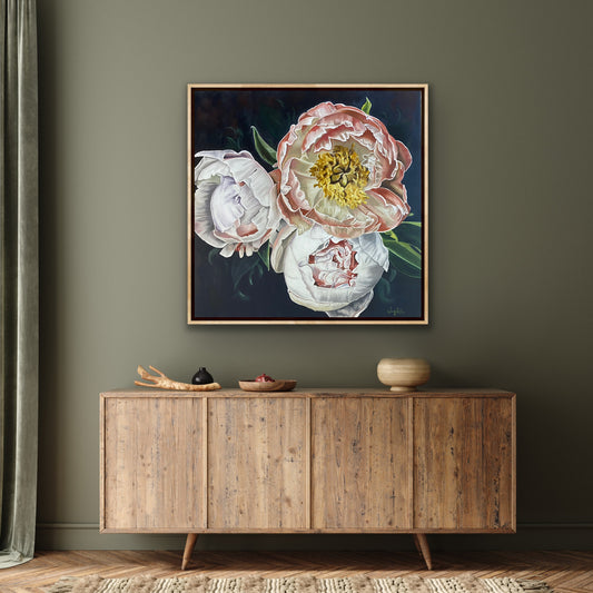 A beautiful print of pink and white peonies on a black background.