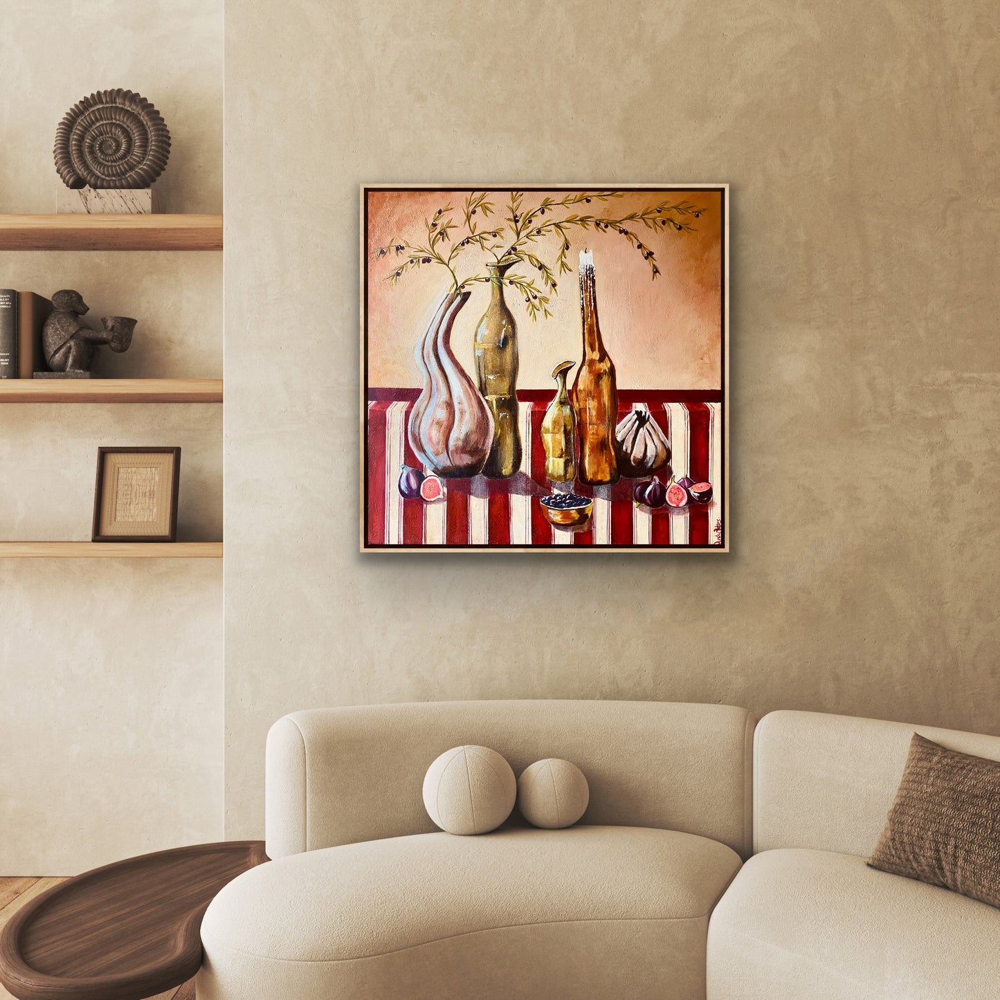 Original painting of 5 old vessels on textured background with highlights in gold on a red striped tablecloth with a bowl of olives and figsby Wendy Peters