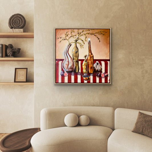 Original painting of 5 old vessels on textured background with highlights in gold on a red striped tablecloth with a bowl of olives and figsby Wendy Peters