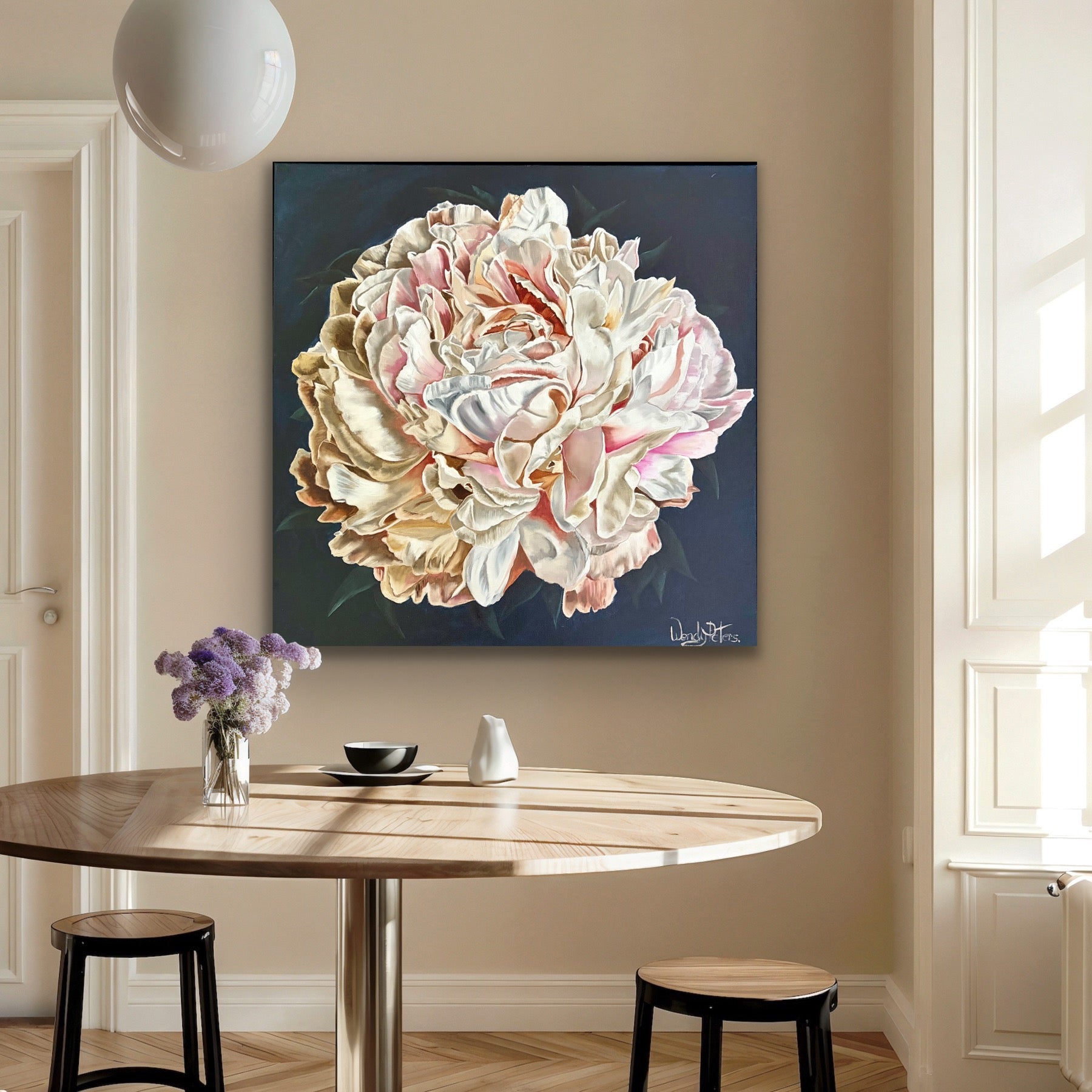 Painting of a pale pink and white peony on a black background capturing light and shadow by Wendy Peters