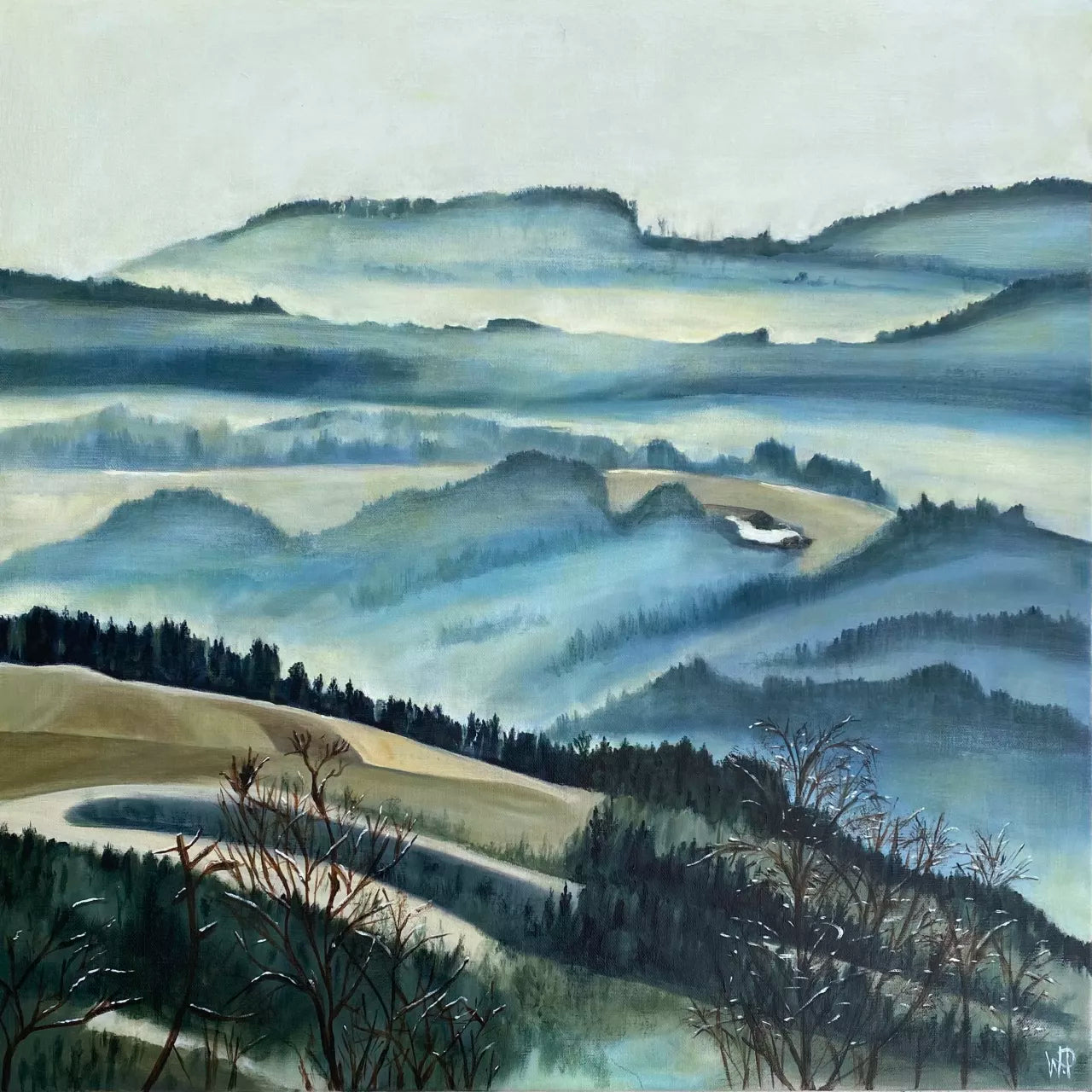 A landscape painting featuring a misty, serene scene with layers of hills and trees in soft focus, rendered in cool blue and green tones with hints of yellow. By Wendy Peters
