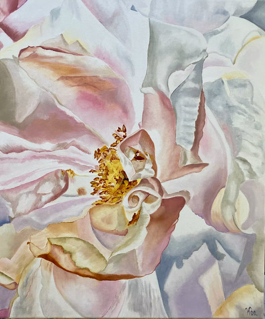 A close-up oil painting of a soft pink rose with a ethereal ethereal glow, predominantly in pinks and greens with a focus on the flower's petals and stamens.