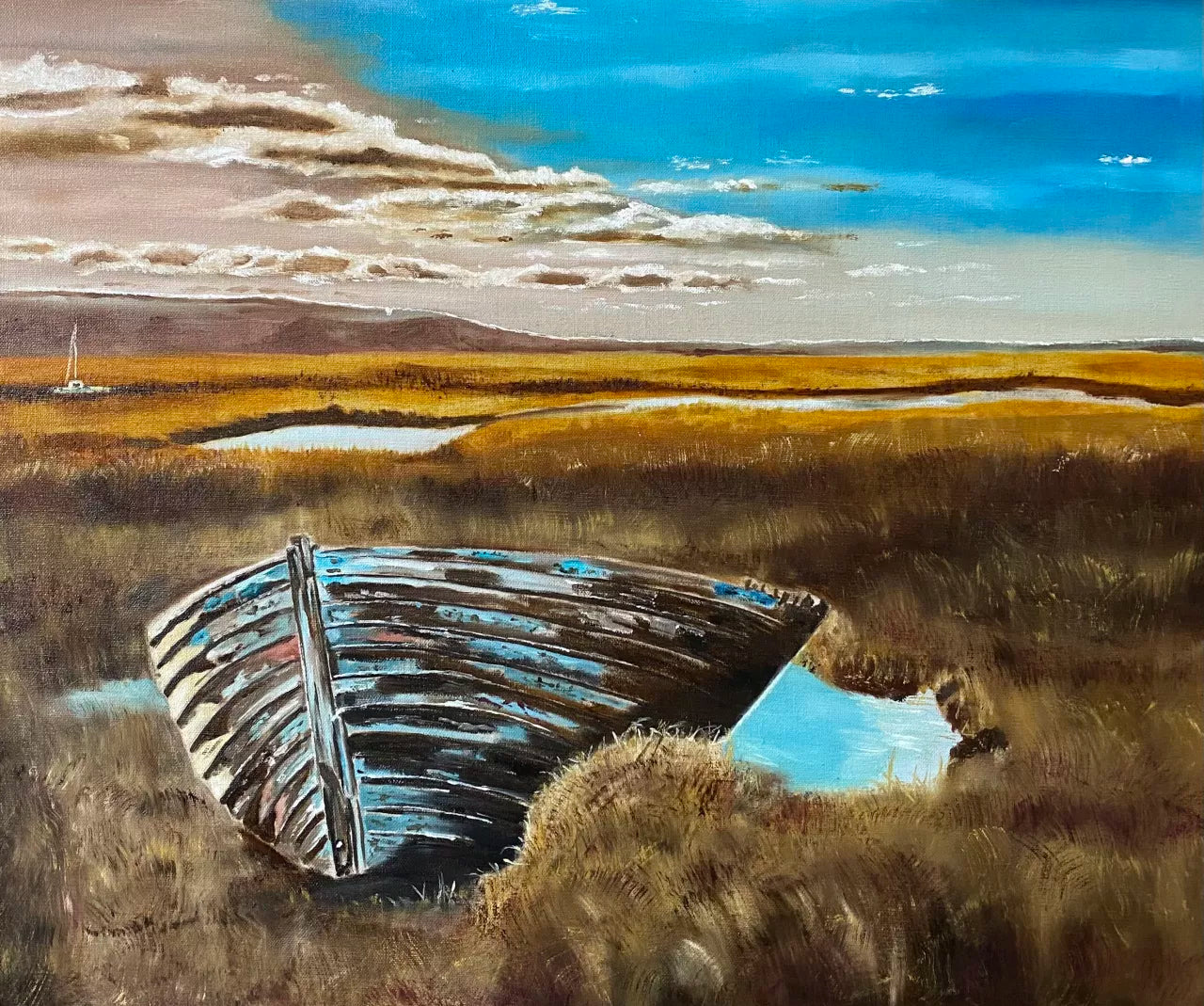 A painting depicting an old boat with peeling blue paint stranded at low tide, set against a landscape with marshy bluffs and a clear sky.