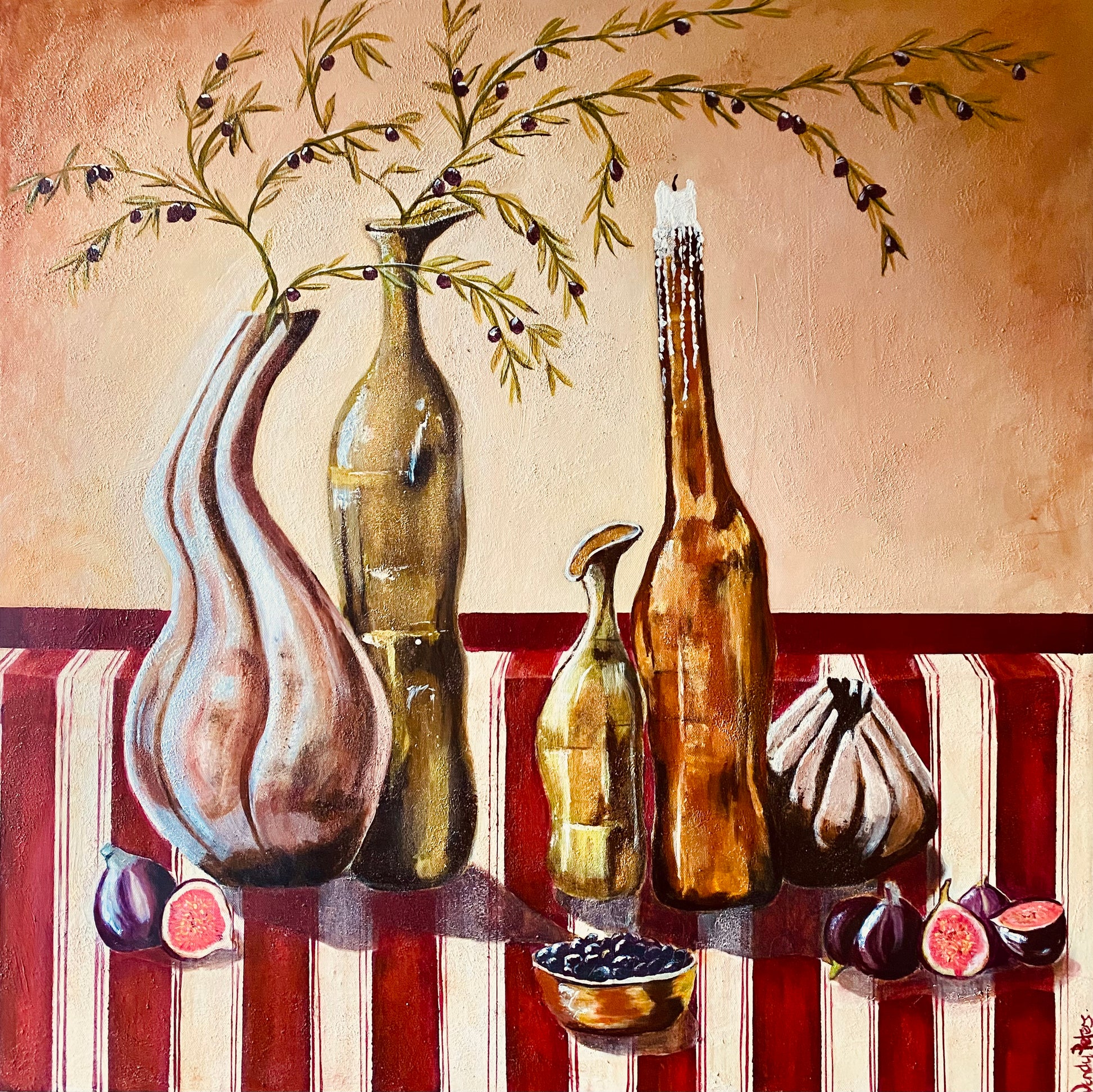 Original textured mixed media Painting  of old vessels with an olive branch and ed striped table cloth with a bowl of olives and figs by Wendy Peters