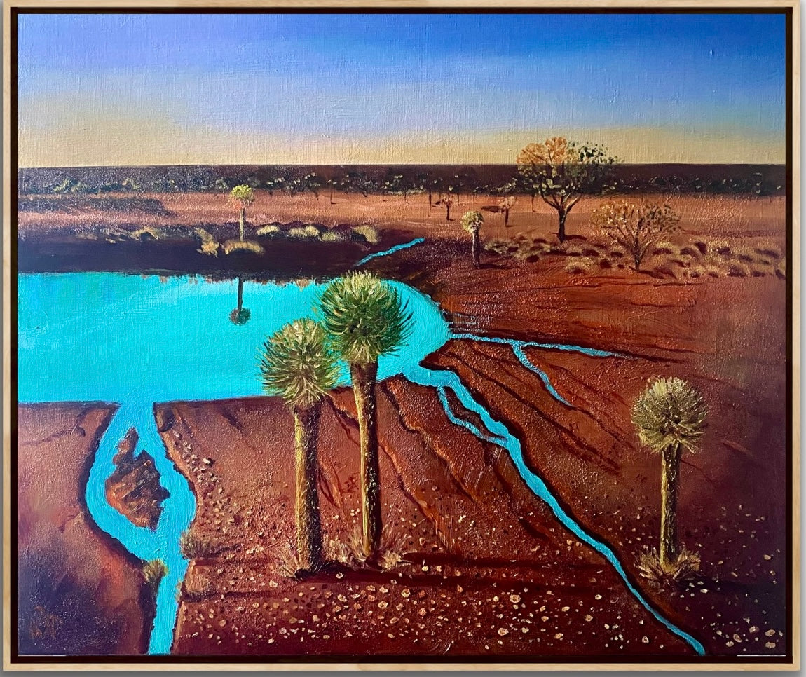 Out back landscape painting showing red earth, grass trees and a bright turquoise billabong by Wendy Peters