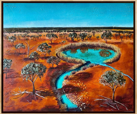 Outback painting of red scorched earth with trees and blue sky and a turquoise billabong 
